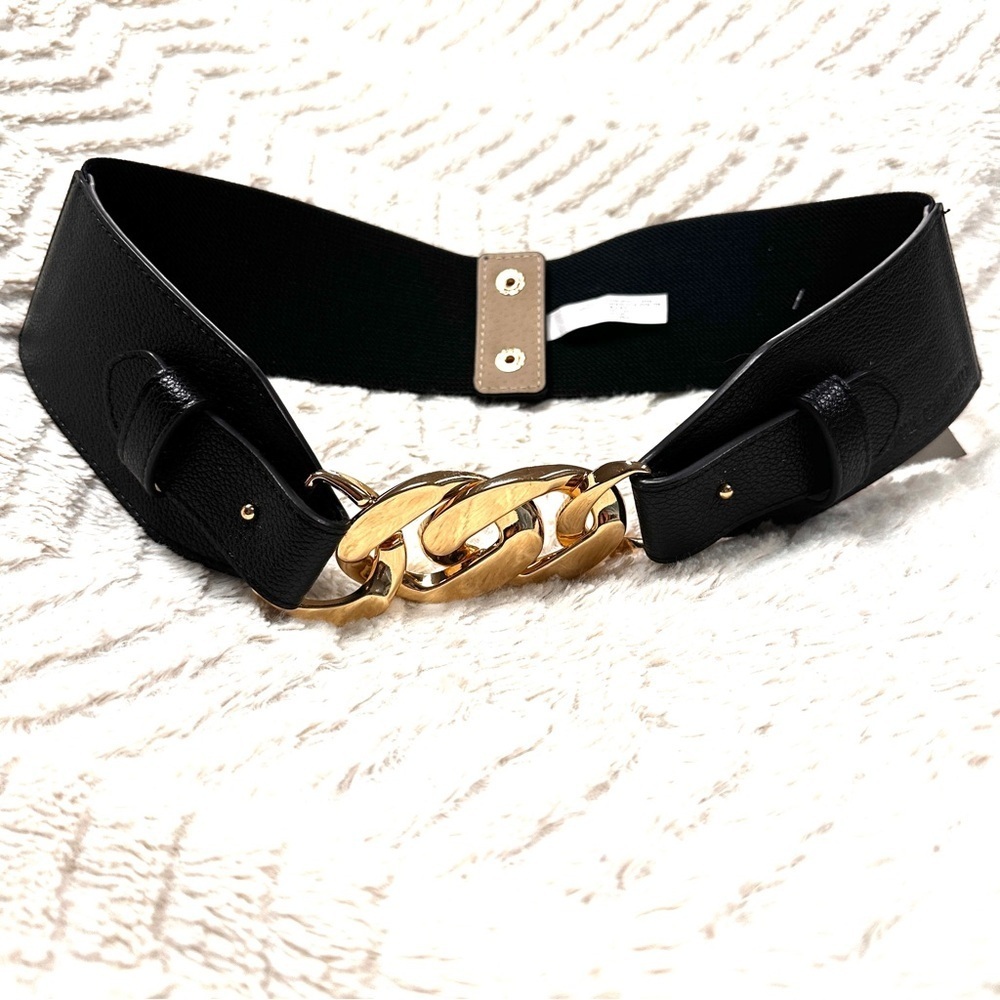 Vince Camuto Statement Belt Black Stretch Gold Chain,  Snaps in Back, S/M NWT